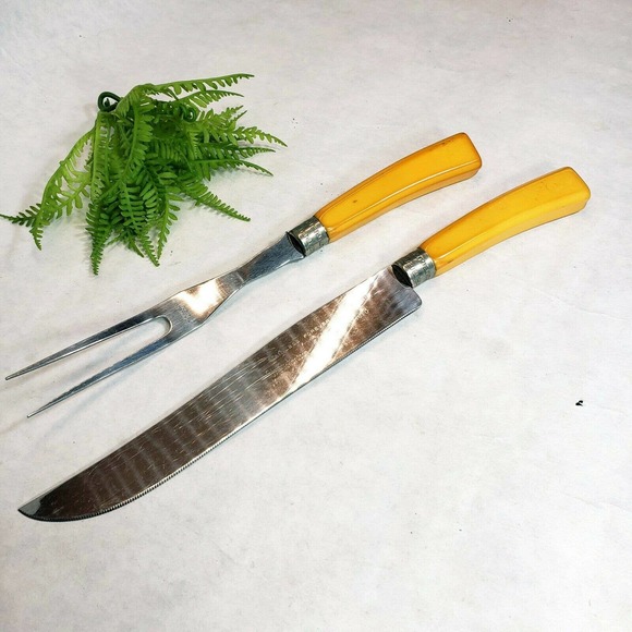 Vintage Richardson Sheffield Carving Set Butterscotch Bakelite Stainless Knife - Picture 1 of 10